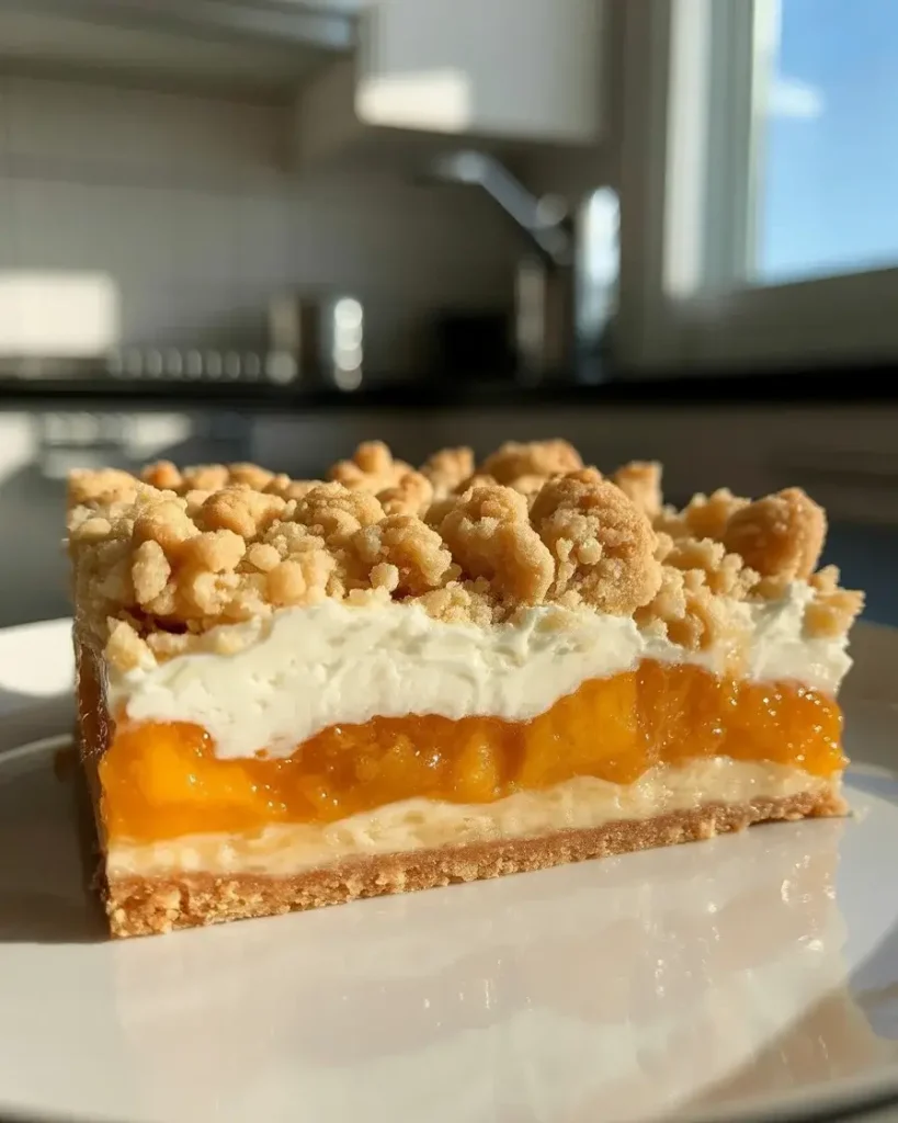 Perfect layers showing firm, non-soggy texture with jammy peach filling