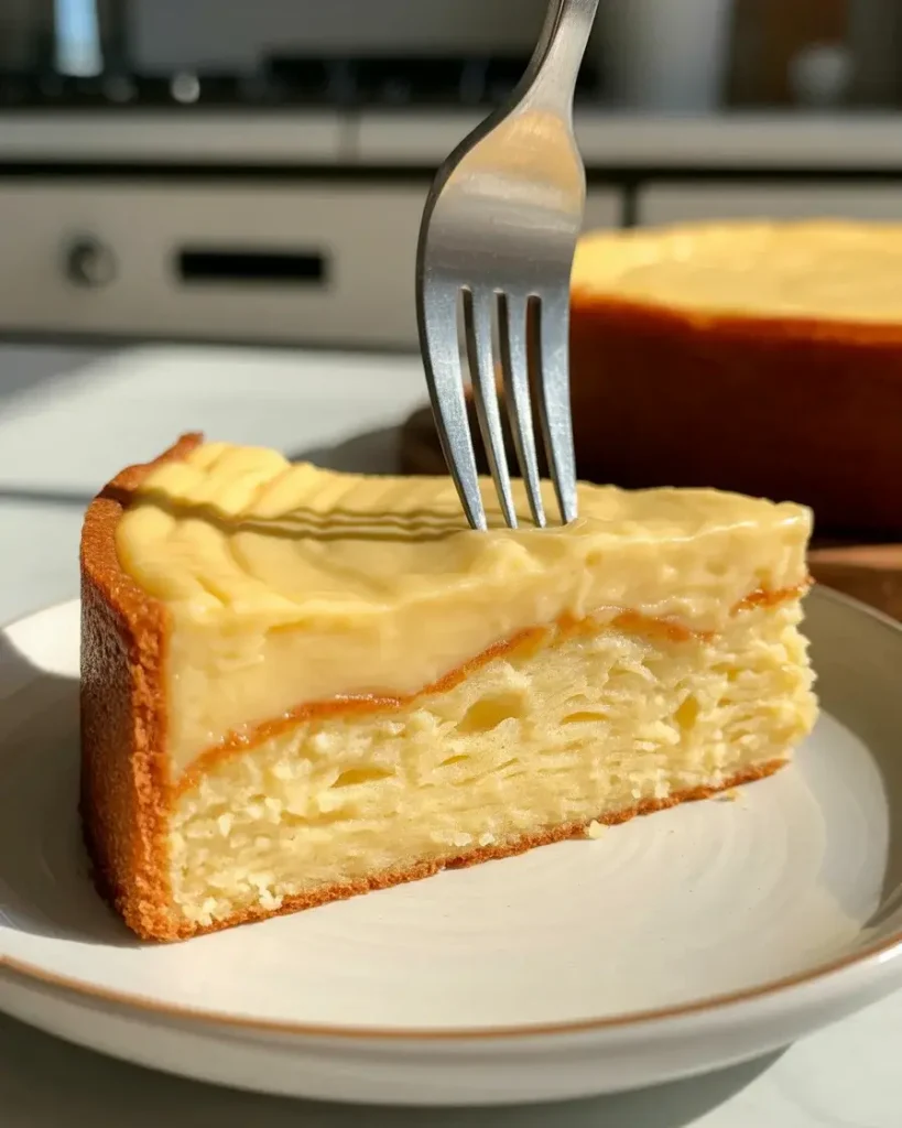 Perfect slice showing the tender cake and silky custard layers