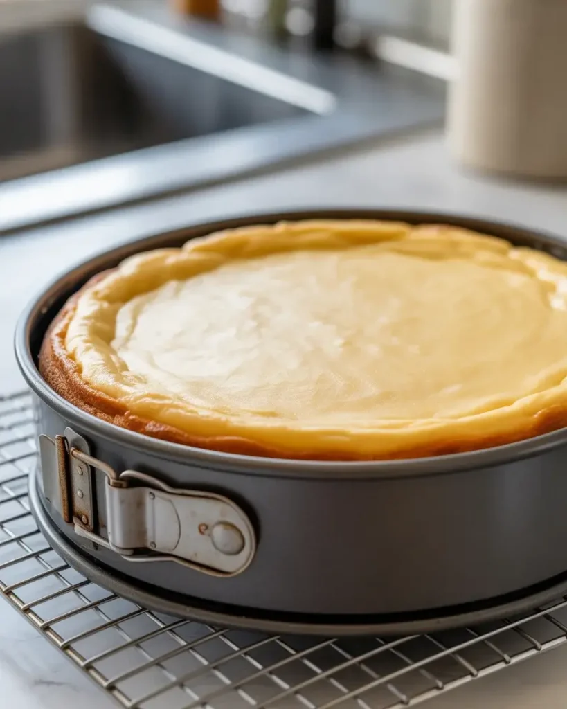 Perfectly baked cheesecake cooling with no cracks on top