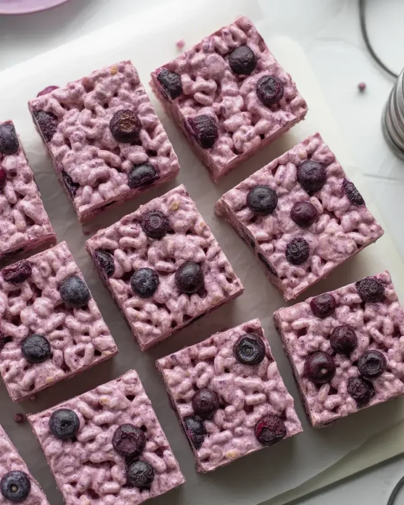 Perfectly cut blueberry rice krispies treats showing vibrant berry pieces throughout