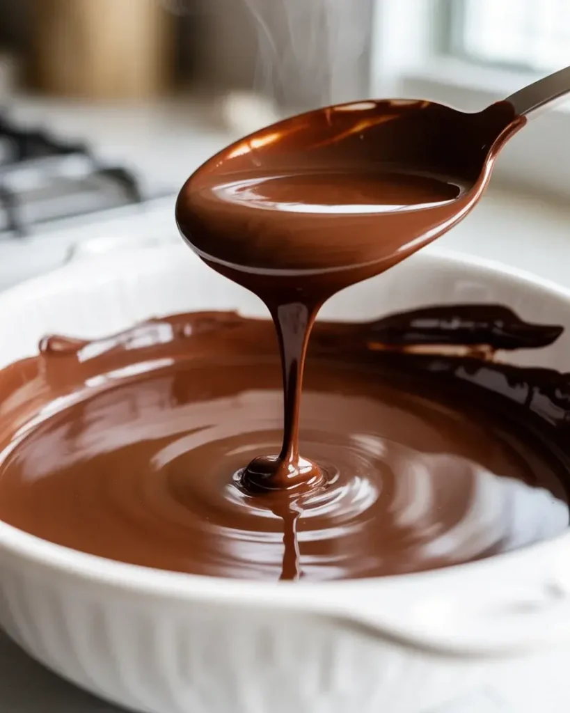 Perfectly melted dark chocolate ready for dipping coconut bites