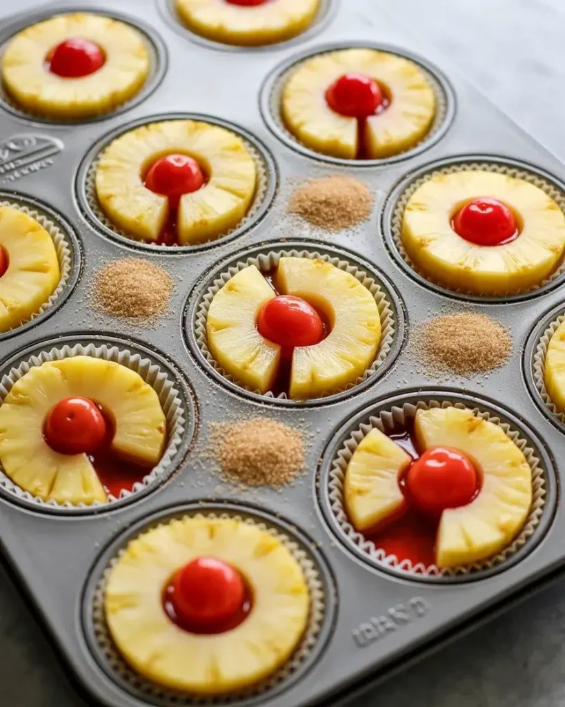 Pineapple rings and cherries arranged in muffin cups with brown sugar topping