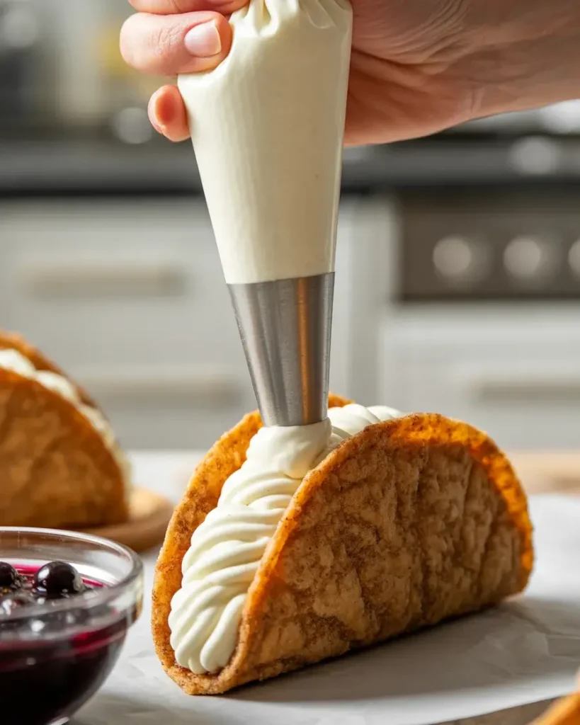 Piping creamy cheesecake filling into crispy cinnamon sugar taco shells