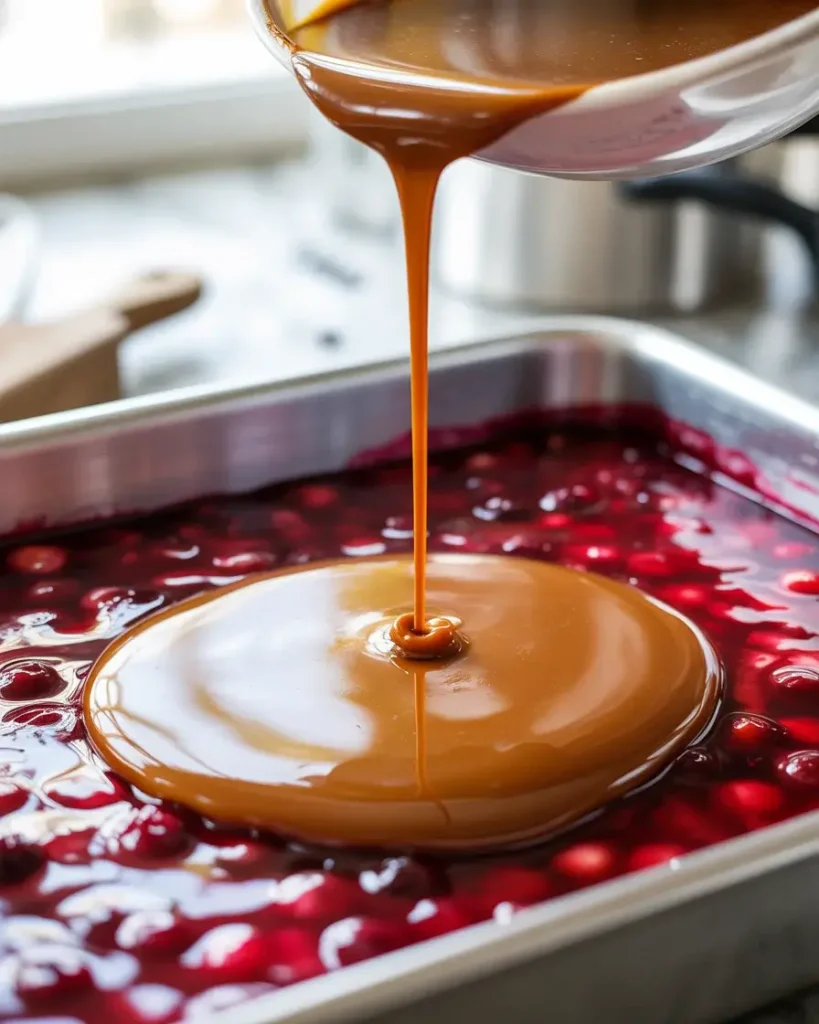 Pour hot caramel over cranberry layer for glossy topping
