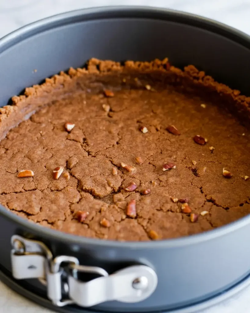 Pressed pecan crust ready for baking in a springform pan