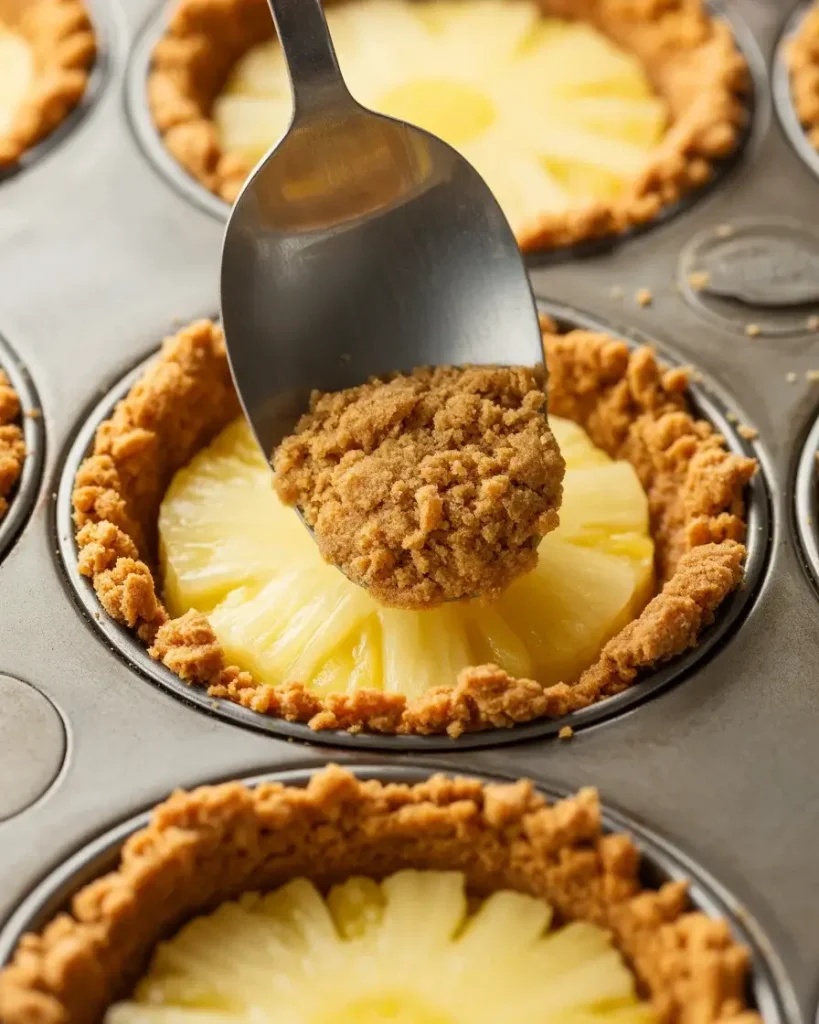 Pressing graham cracker crust firmly over pineapple layer in each cup