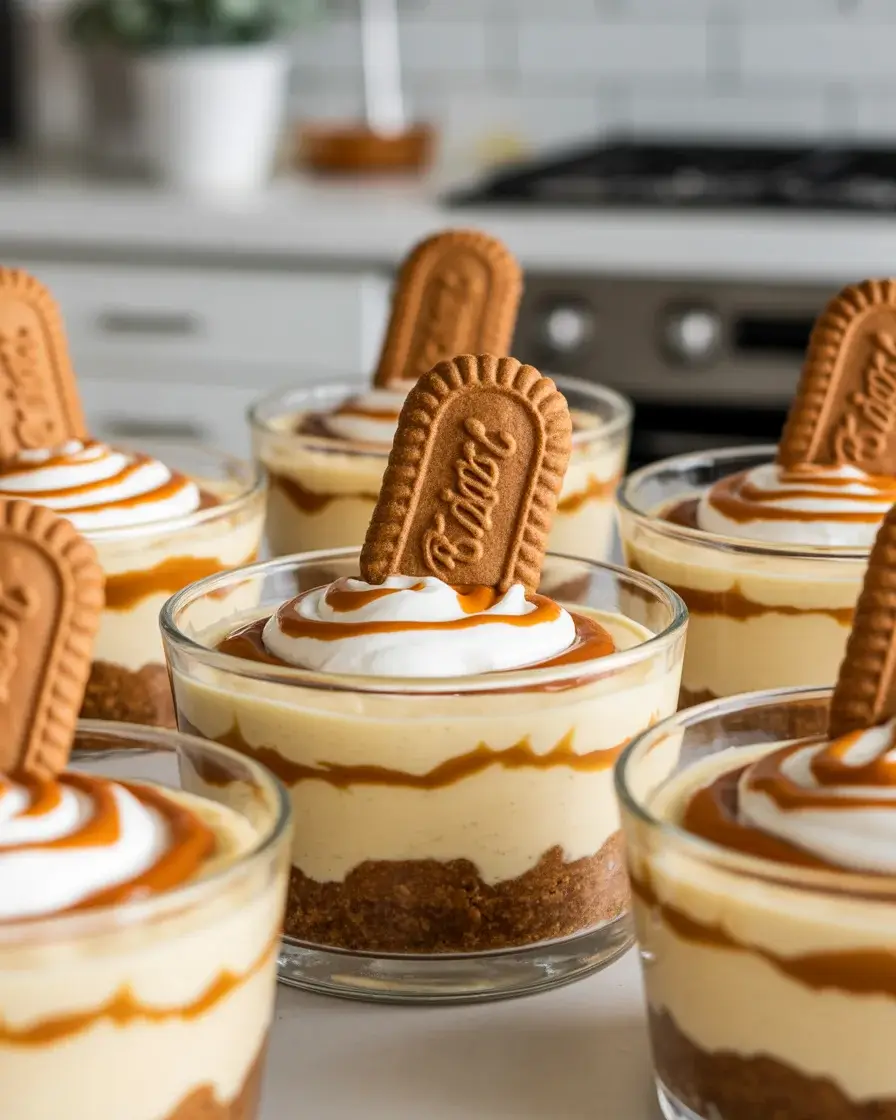 Rich and creamy Biscoff cheesecake cups with cookie butter swirl and whipped cream