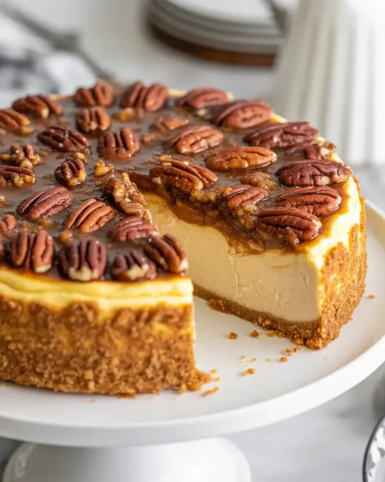 Rich browned butter pecan cheesecake topped with caramelized pecans