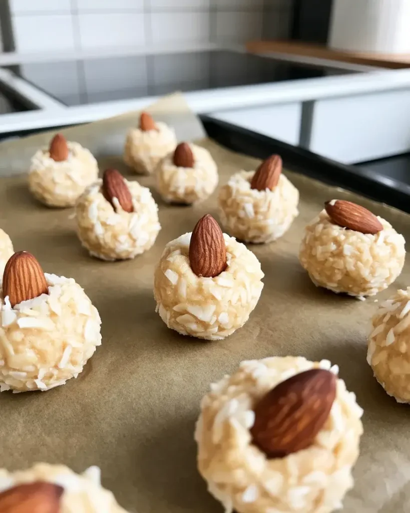 Shaped coconut bites with almonds pressed firmly into each center