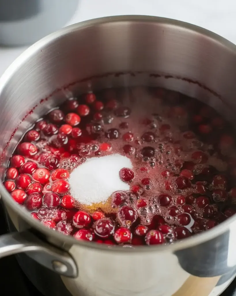 Simmer cranberries with sugar until berries pop and mixture thickens