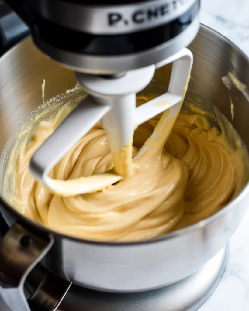 Smooth cheesecake batter with browned butter mixed in until creamy