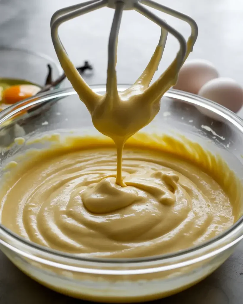Smooth cheesecake batter with eggs and vanilla mixed to ribbon consistency