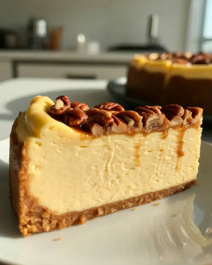Smooth, crack-free cheesecake slice showing creamy interior and layers