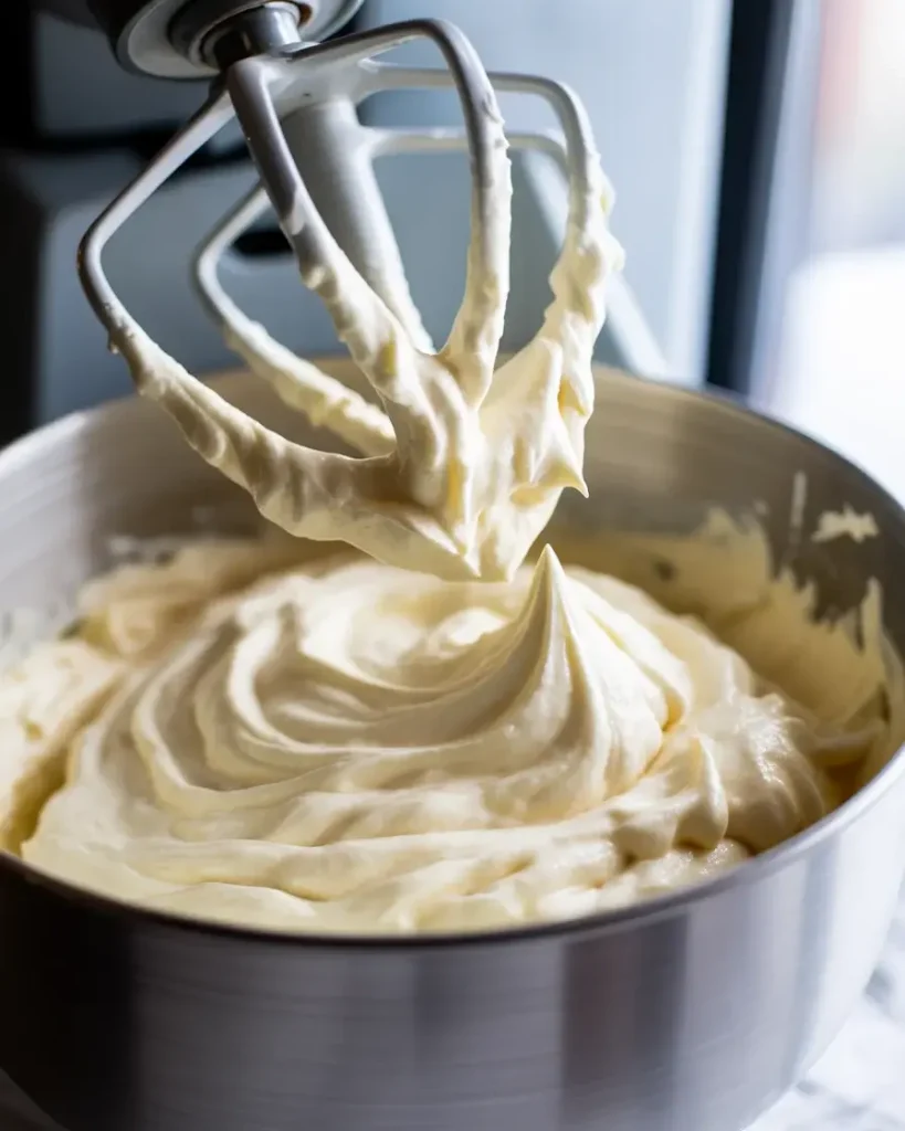 Smooth cream cheese frosting beaten to perfect spreading consistency