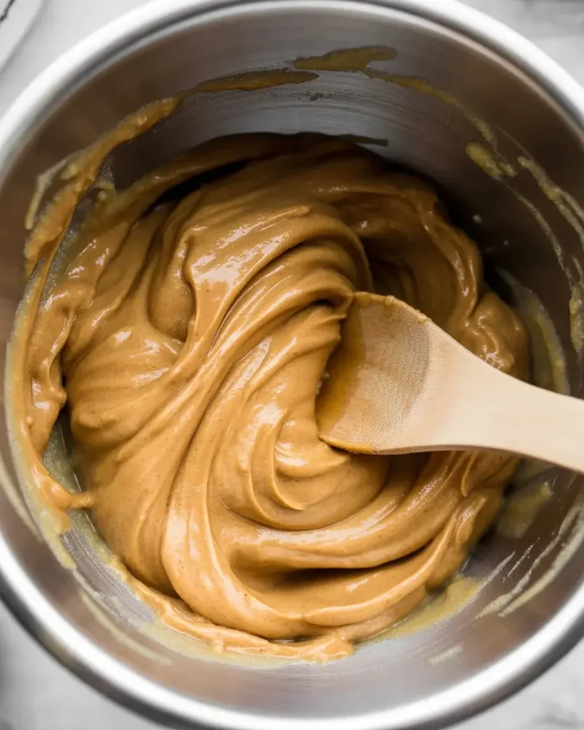 Smooth peanut butter mixture ready for the oats - notice the glossy, ribbon-like texture