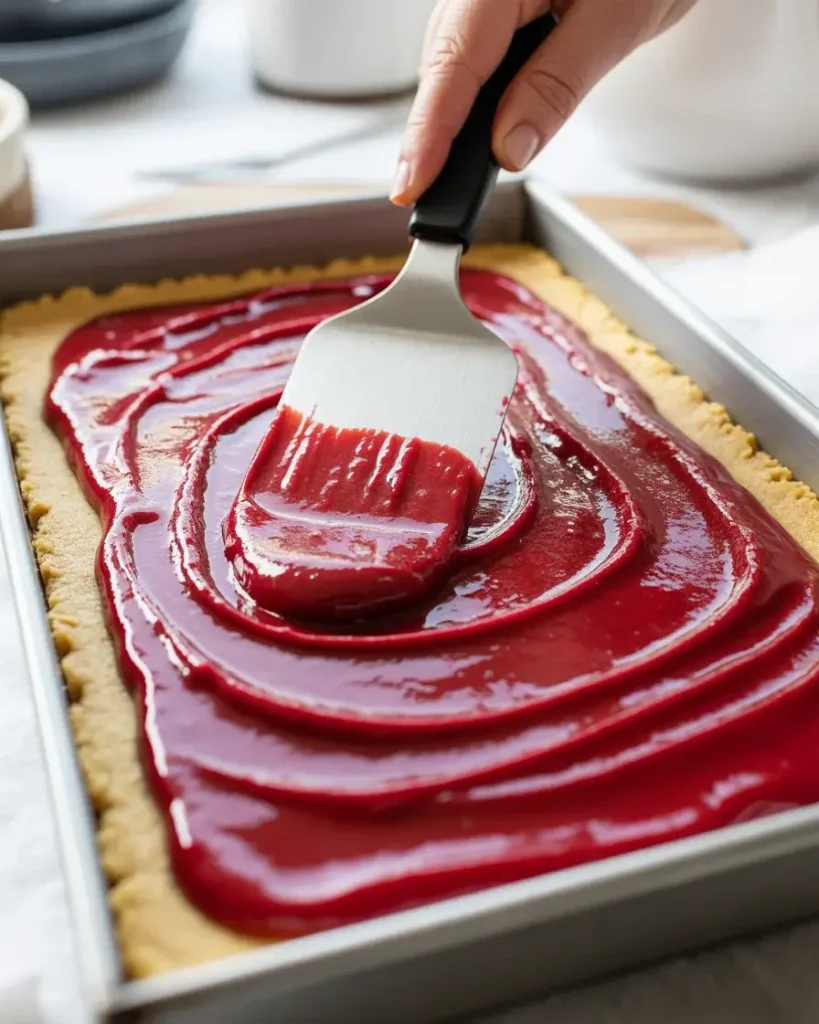 Spread cranberry mixture evenly over warm shortbread crust