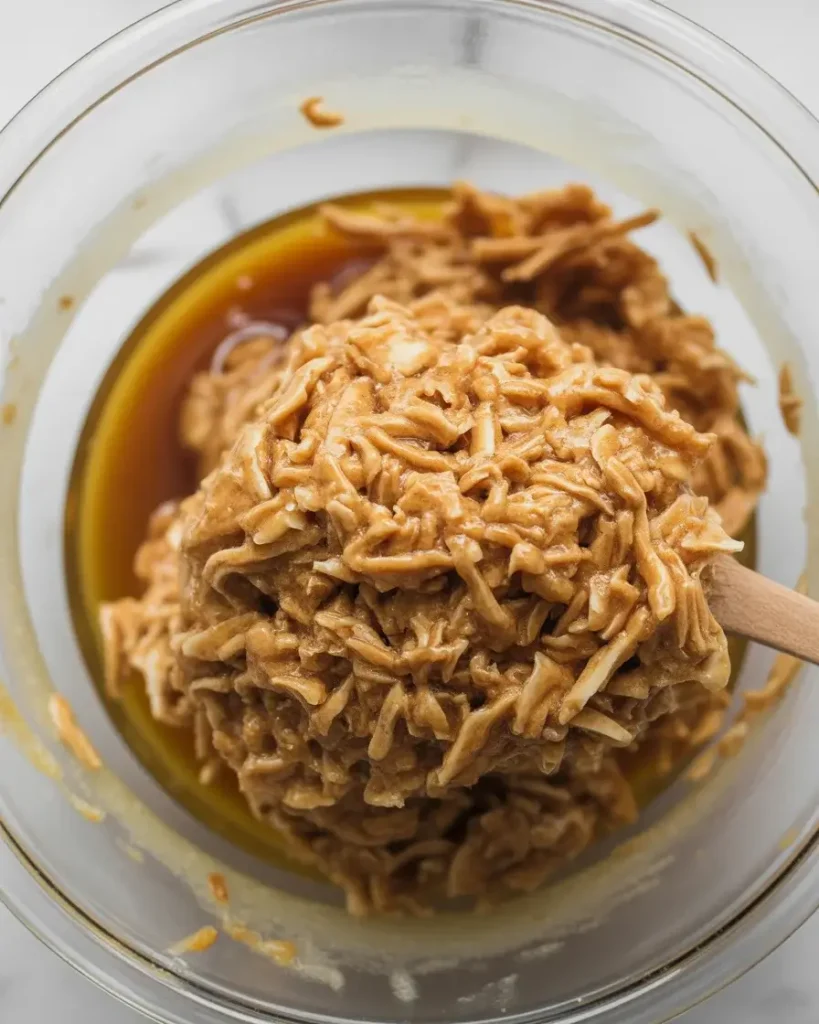 Sticky coconut mixture ready to shape into bite-sized pieces