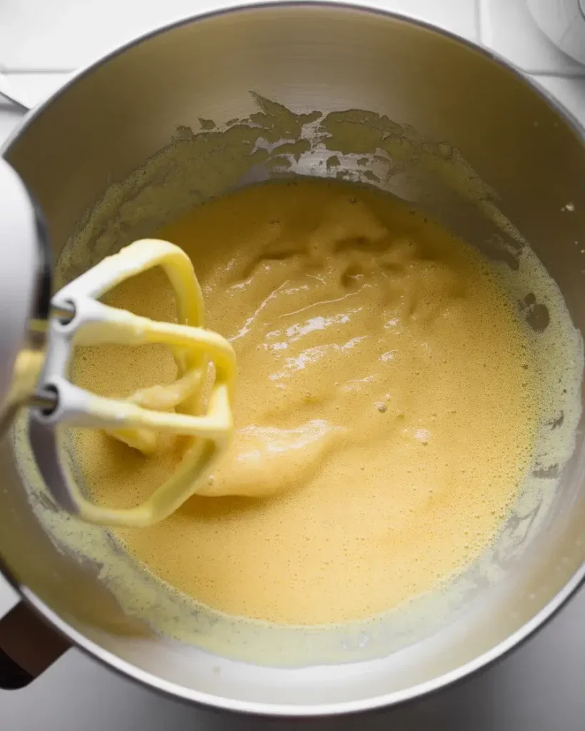 Sugar and eggs beaten until pale and creamy for optimal texture