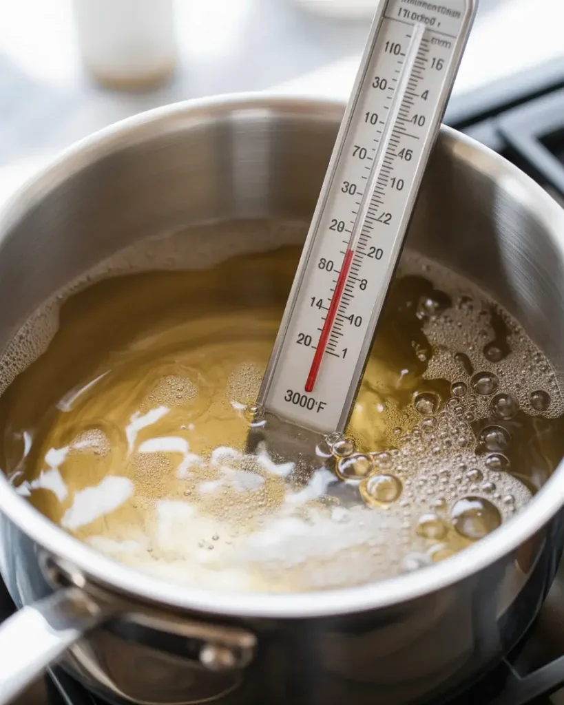 Sugar syrup reaching perfect 300°F hard crack stage for nougat