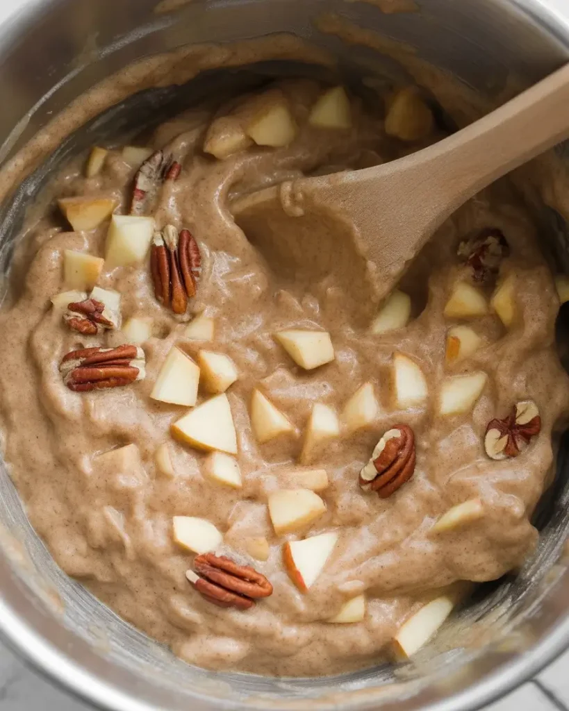 Thick batter loaded with apple chunks and toasted pecans