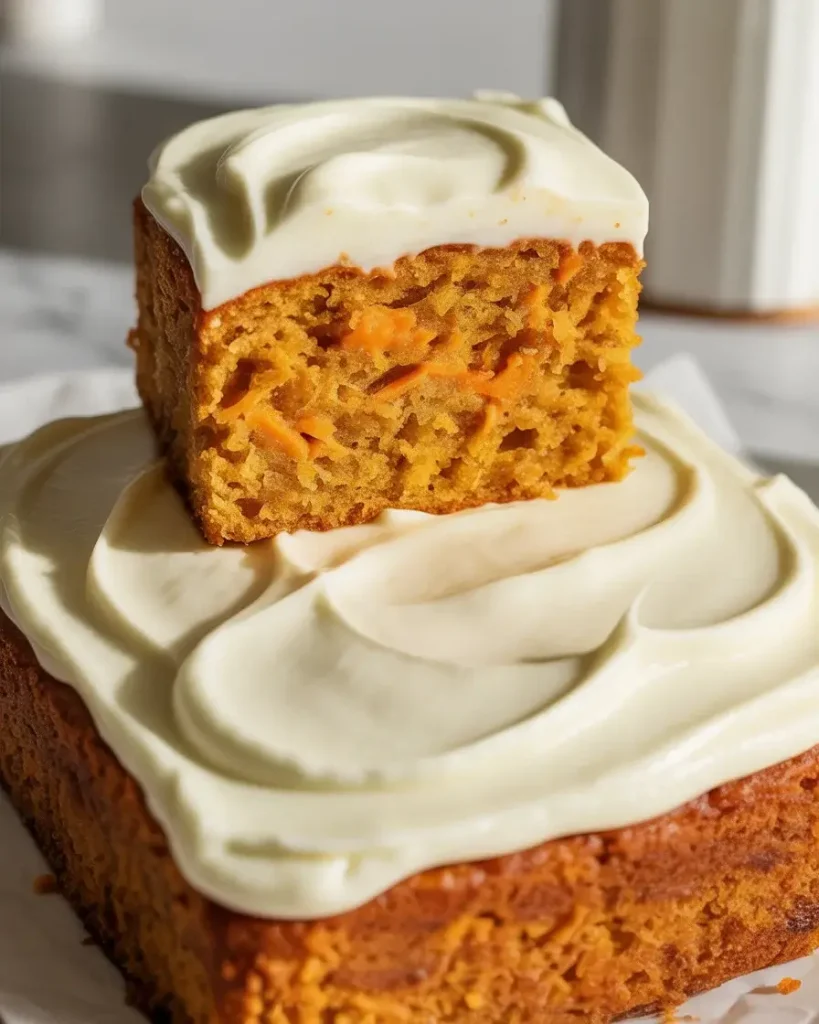 Thick cream cheese frosting spread over moist carrot cake