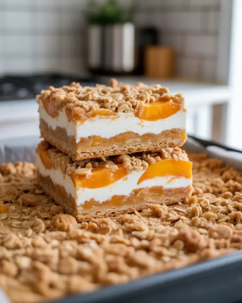 Three layers assembled with crumble topping ready for baking