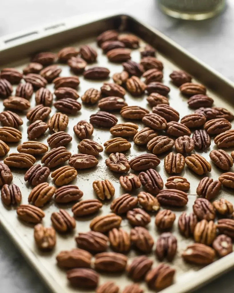 Toasted pecans releasing their oils and developing deep nutty flavor