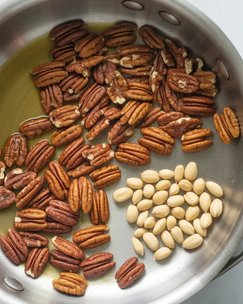 Toasted versus raw pecans showing dramatic color and flavor difference