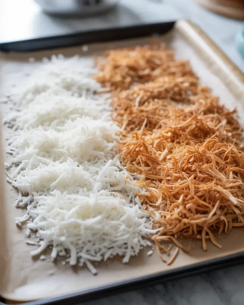 Toasted versus untoasted coconut showing color and texture differences