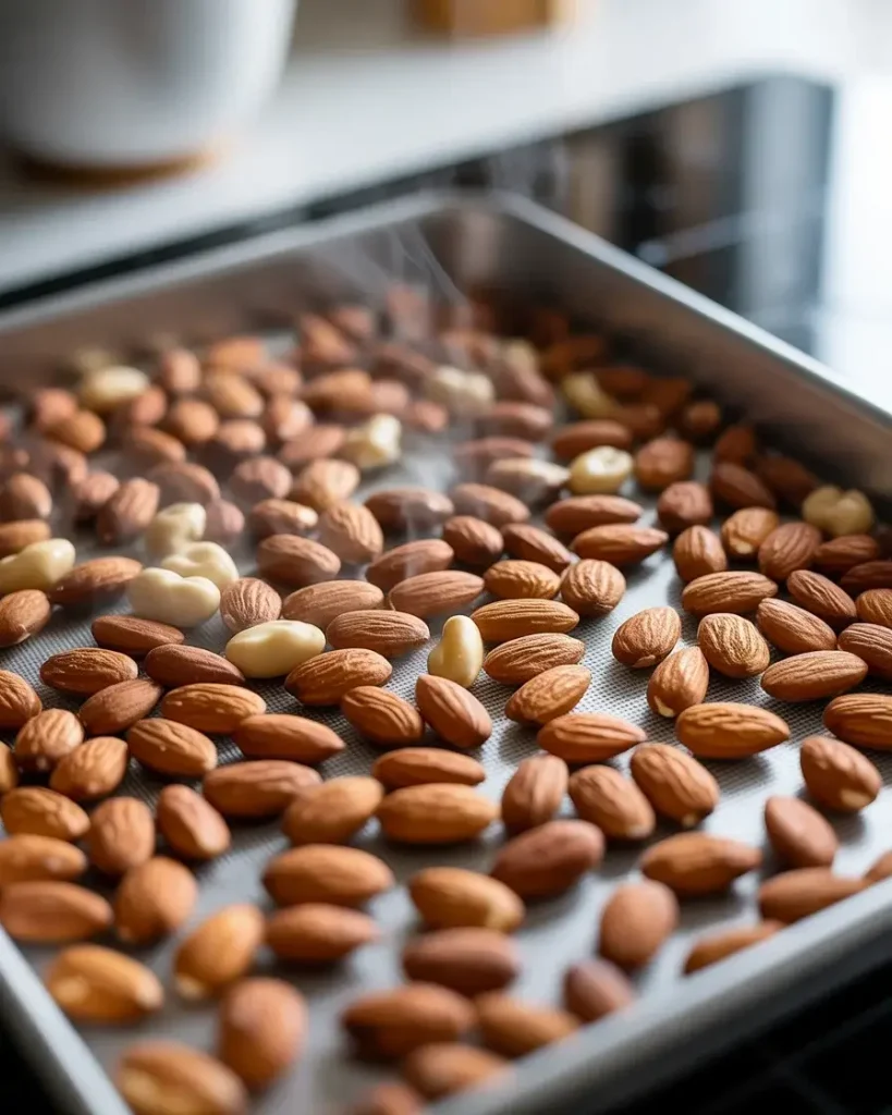 Toasting almonds until fragrant and golden brown for perfect nougat texture