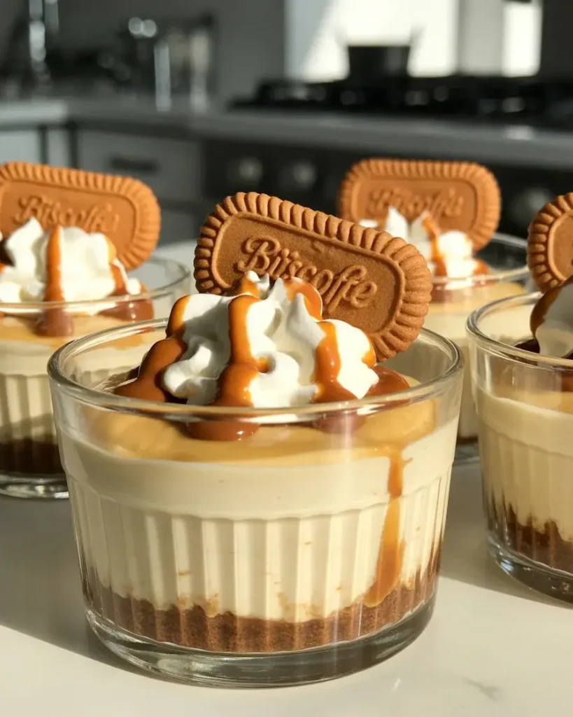 Top with whipped cream, Biscoff drizzle, and a cookie before chilling