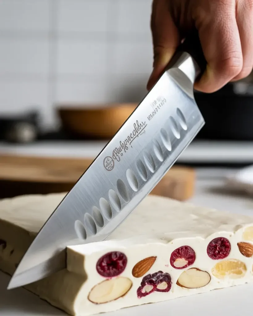  Using an oiled knife to cut clean straight edges through nougat