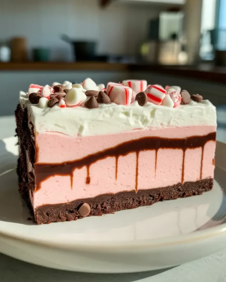 A clean slice of frozen peppermint delight showing every creamy layer, from cookie crust to candy topping