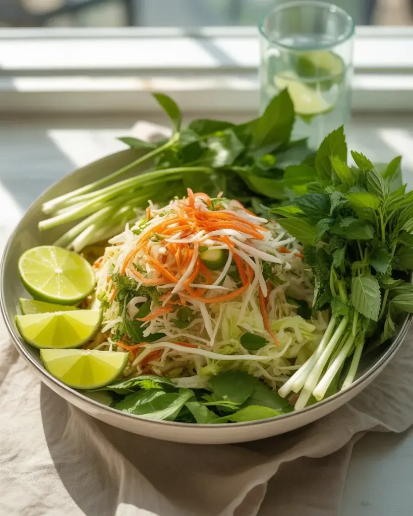 A colorful fresh Vietnamese salad loaded with herbs and a zesty lime dressing