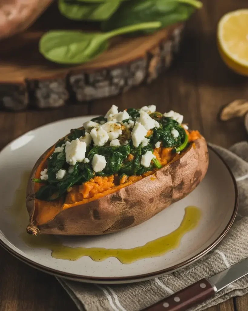 A fluffy baked sweet potato stuffed with garlic spinach and crumbled salty feta