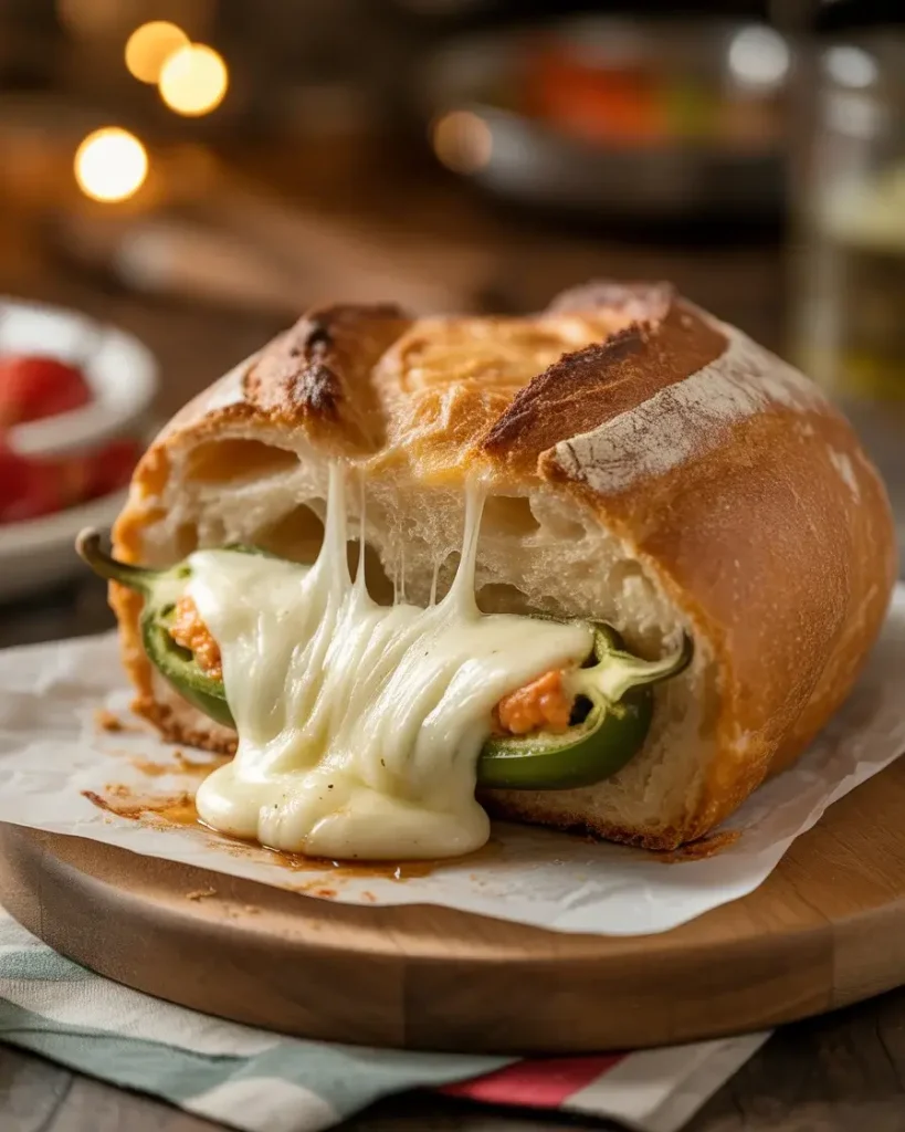 A golden sourdough jalapeño popper loaf oozing with melted cheese and cream cheese filling