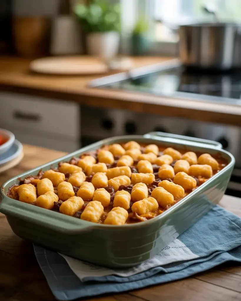 A golden tater tot casserole bubbling with savory meat filling underneath
