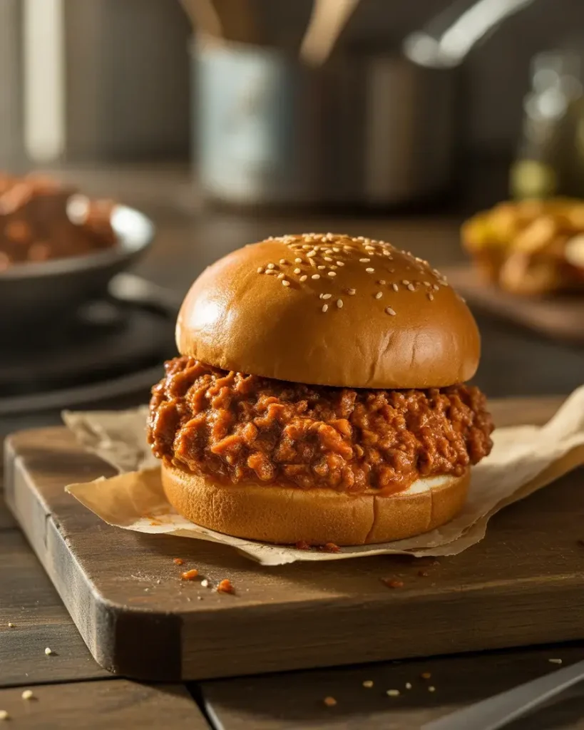 A loaded Dr Pepper barbecue sloppy joe served on a soft toasted bun.