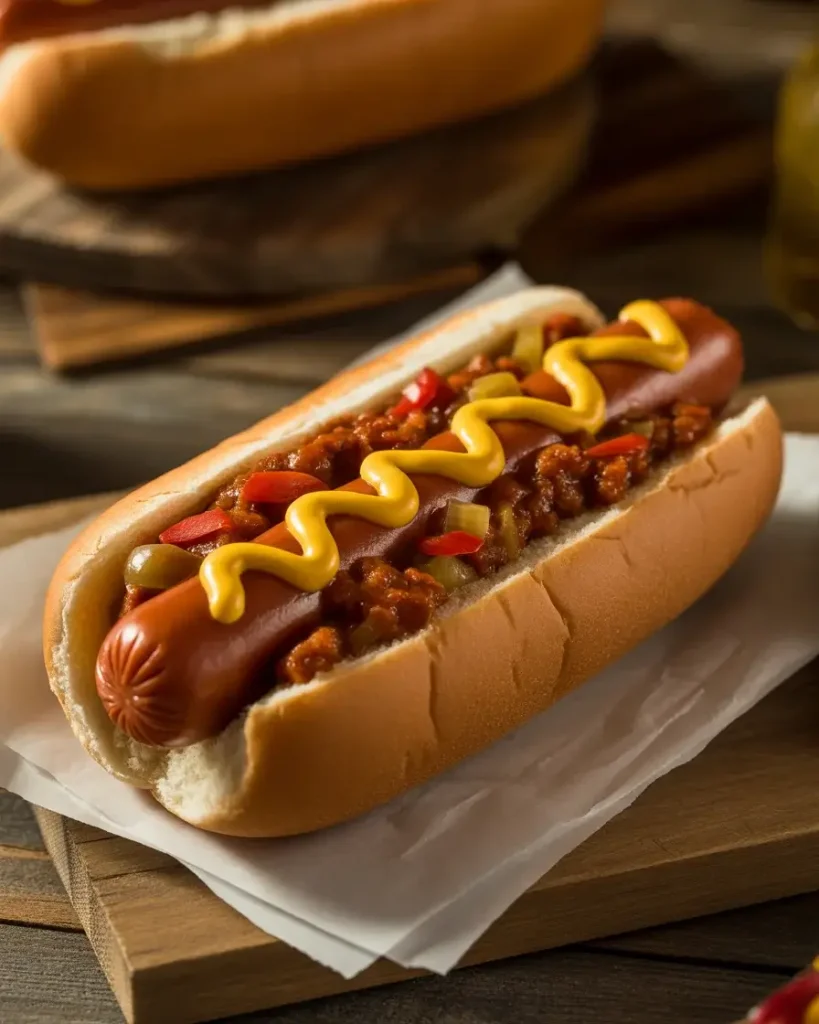 A loaded hot dog piled high with rich, savory slow cooker chili