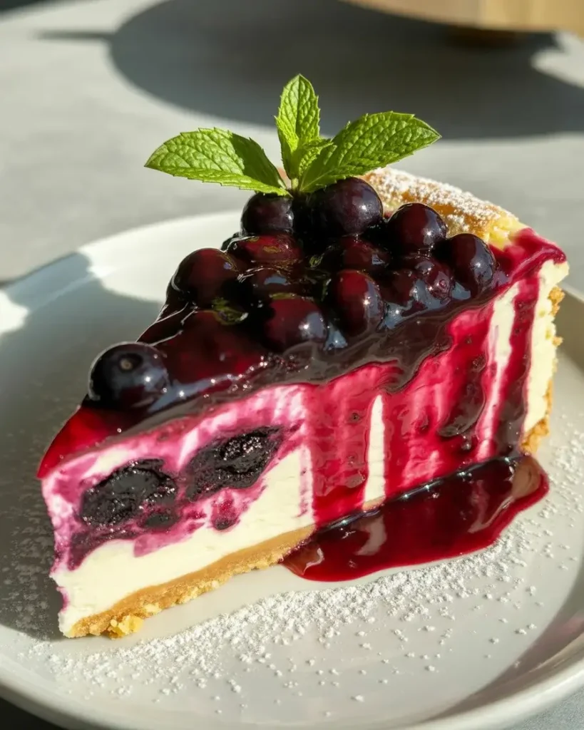A perfect slice of blueberry cream cheese cake showing golden crust, creamy filling, and glossy berry topping