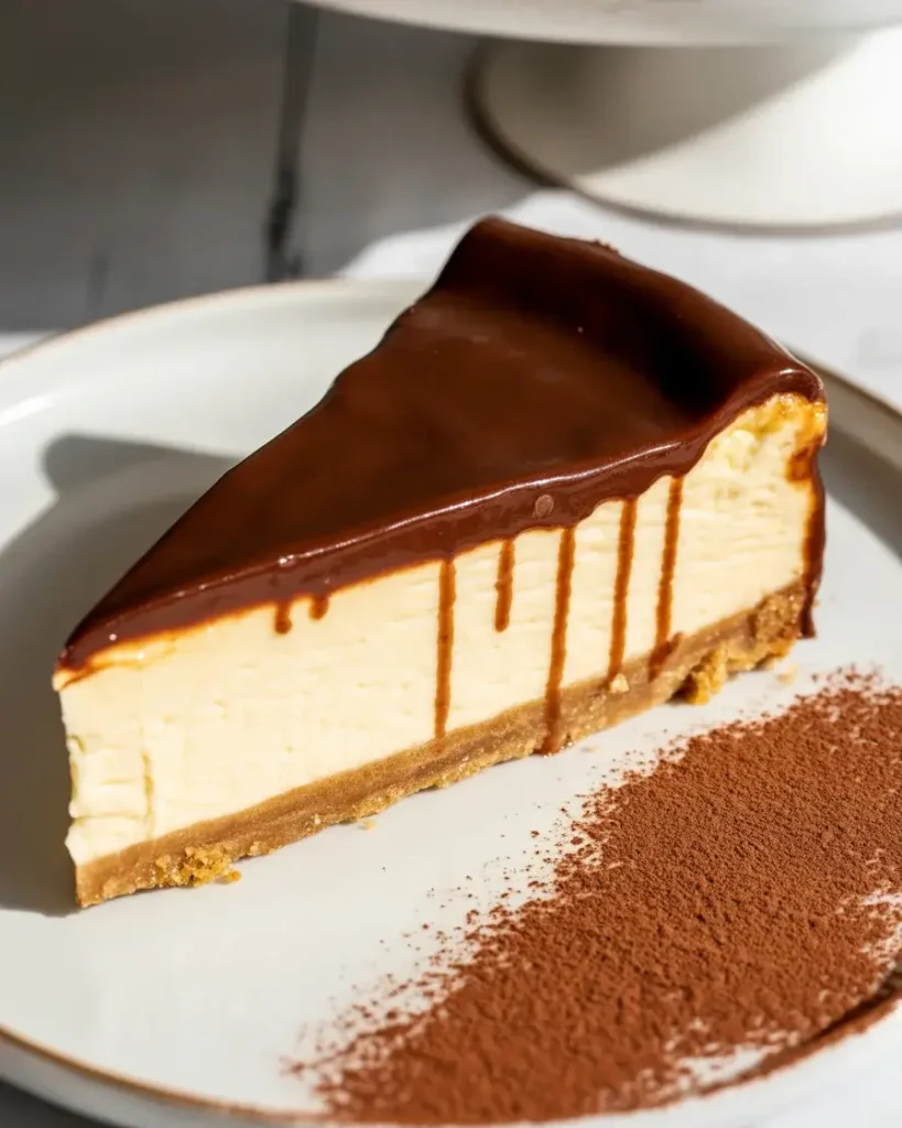 A perfect slice revealing three distinct layers - ganache, vanilla filling, and golden crust