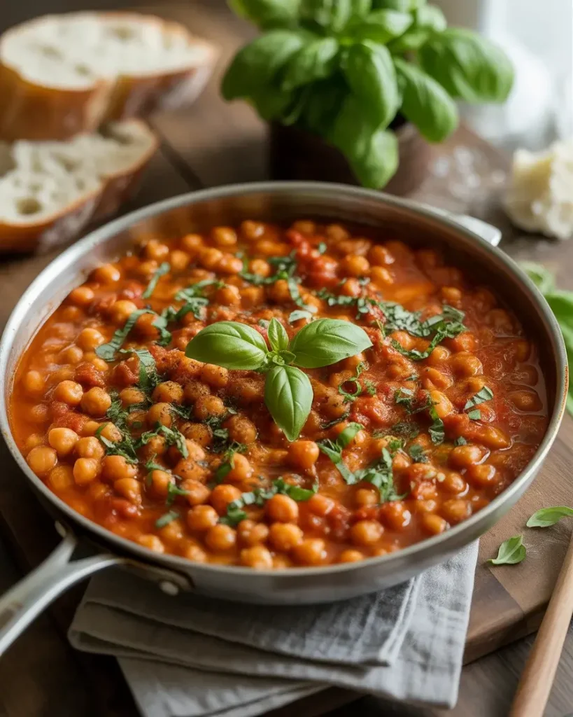 A skillet of creamy sun dried tomato chickpeas garnished with fresh basil