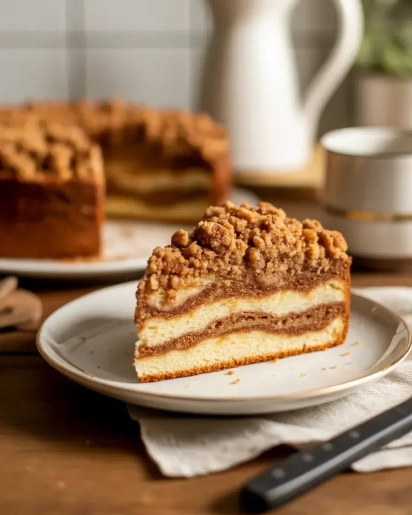 A tender slice of coffee cake with a golden cinnamon streusel crumb on top