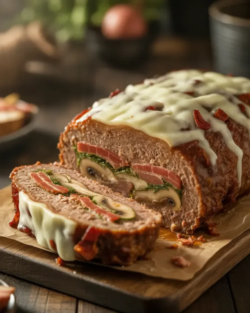 A thick slice of bacon mushroom Swiss meatloaf showing its delicious stuffed interior