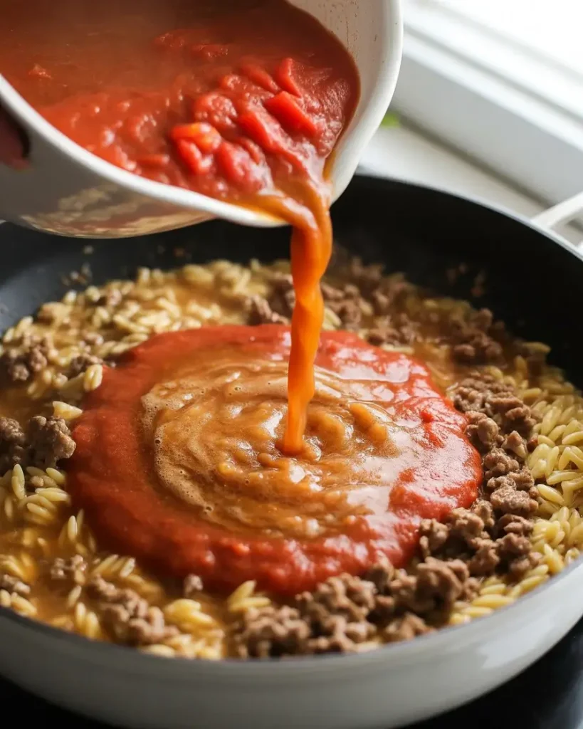 Add tomatoes and broth to create the rich base for your sauce
