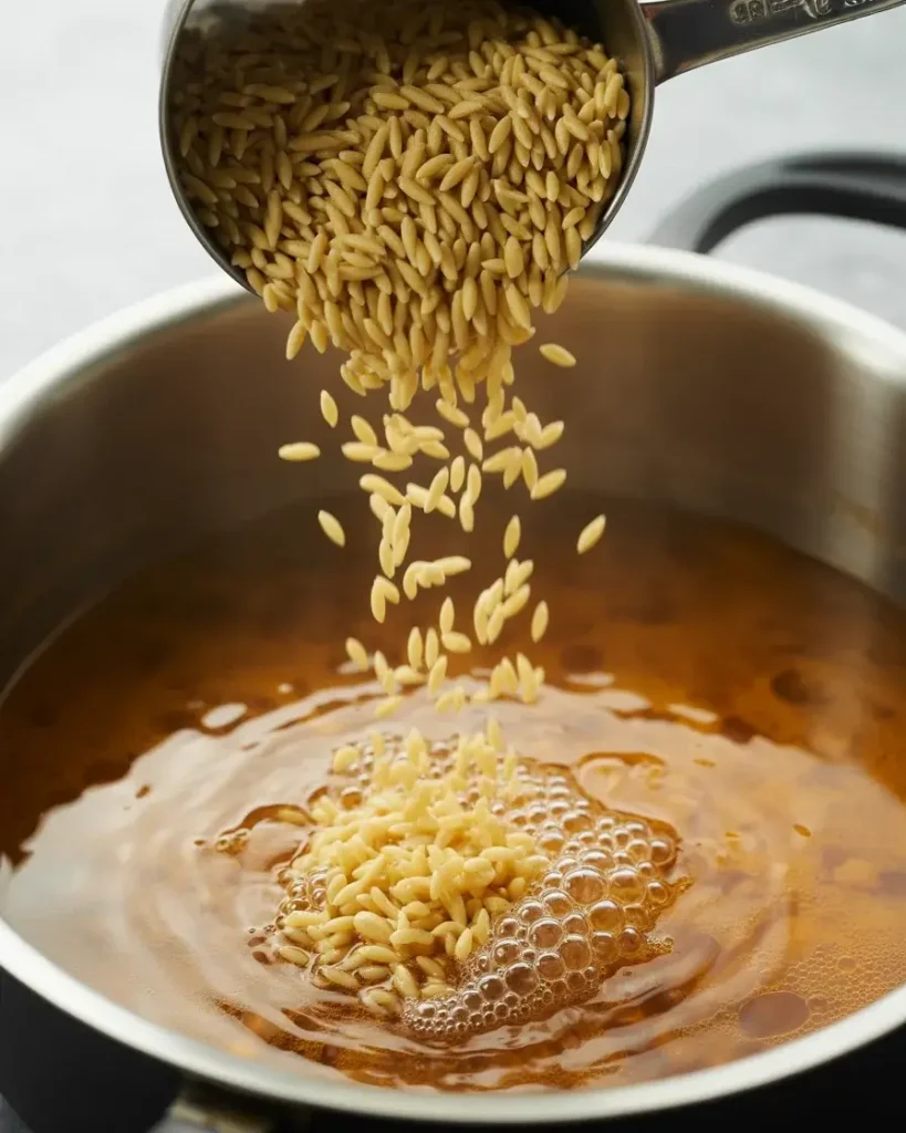 Adding dry orzo to the simmering broth, stirring to prevent sticking