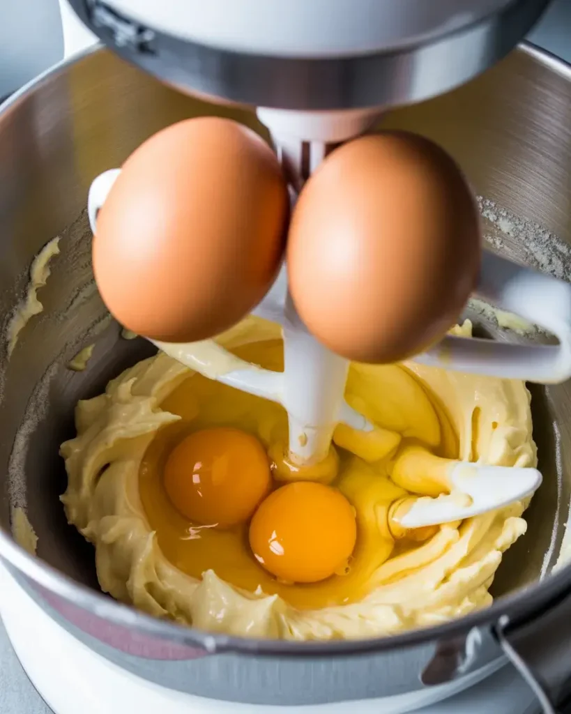 Adding eggs one at a time to keep the batter emulsified and smooth
