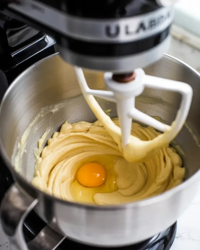 Adding eggs one at a time to keep the lavender cake batter smooth and emulsified