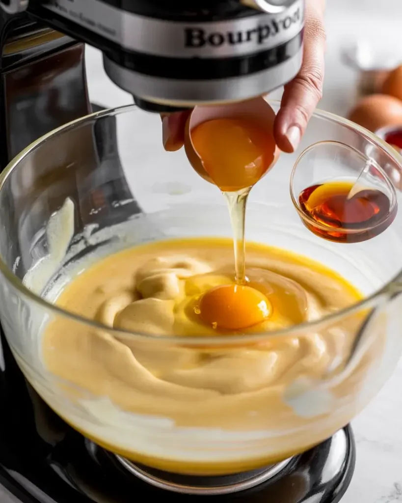 Adding eggs one at a time with bourbon for a rich, flavorful batter