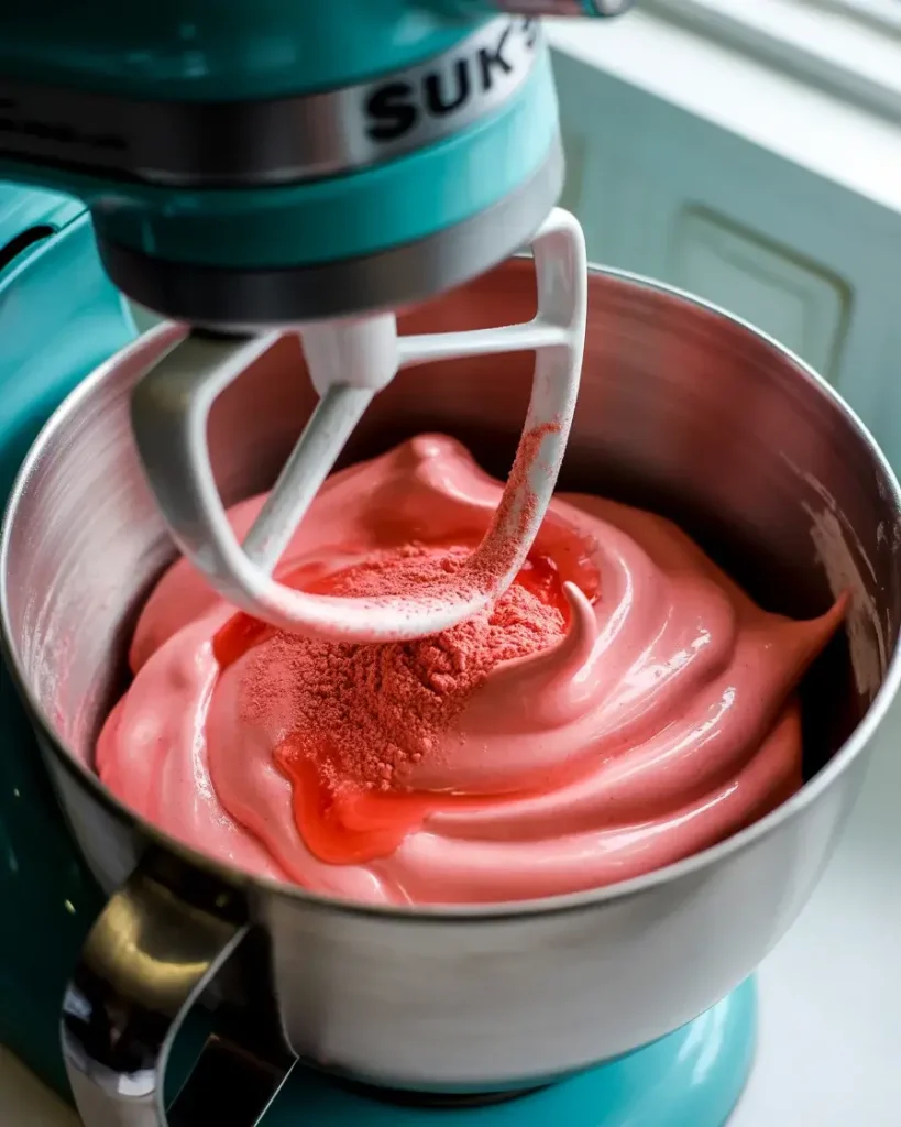 Adding jello powder turns the meringue a vivid, glossy color with fruity fragrance
